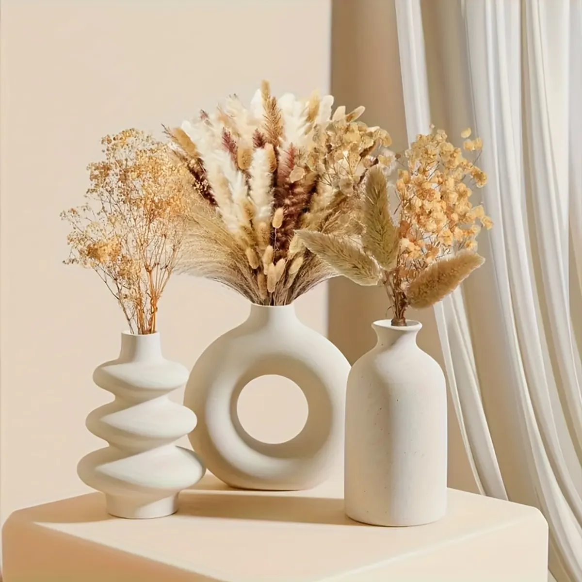 VATYERTY - Juego de 3 jarrones de cerámica bohemios trío de jarrones redondos blancos