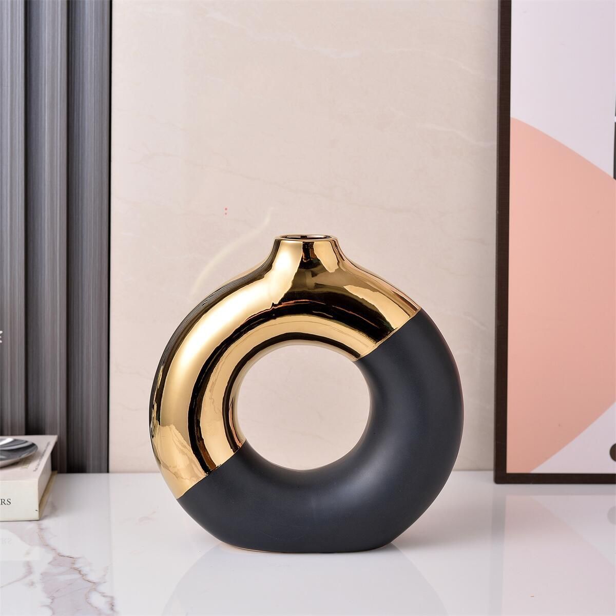 VATYERTY - Elegante jarrón de cerámica moderno en negro dorado y blanco