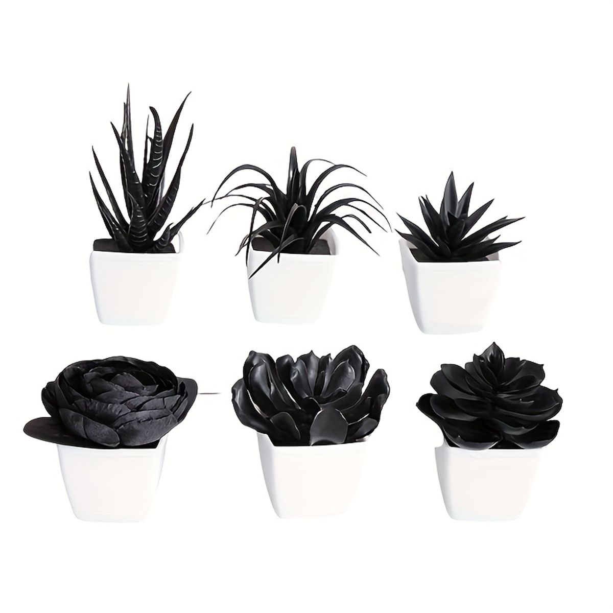 VATYERTY - 6 plantas suculentas artificiales negras en macetas blancas