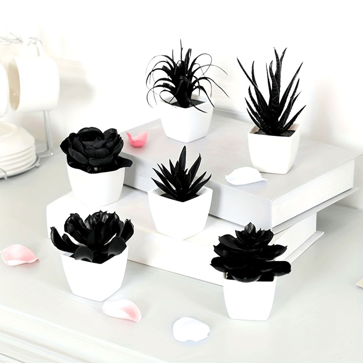 VATYERTY - 6 plantas suculentas artificiales negras en macetas blancas