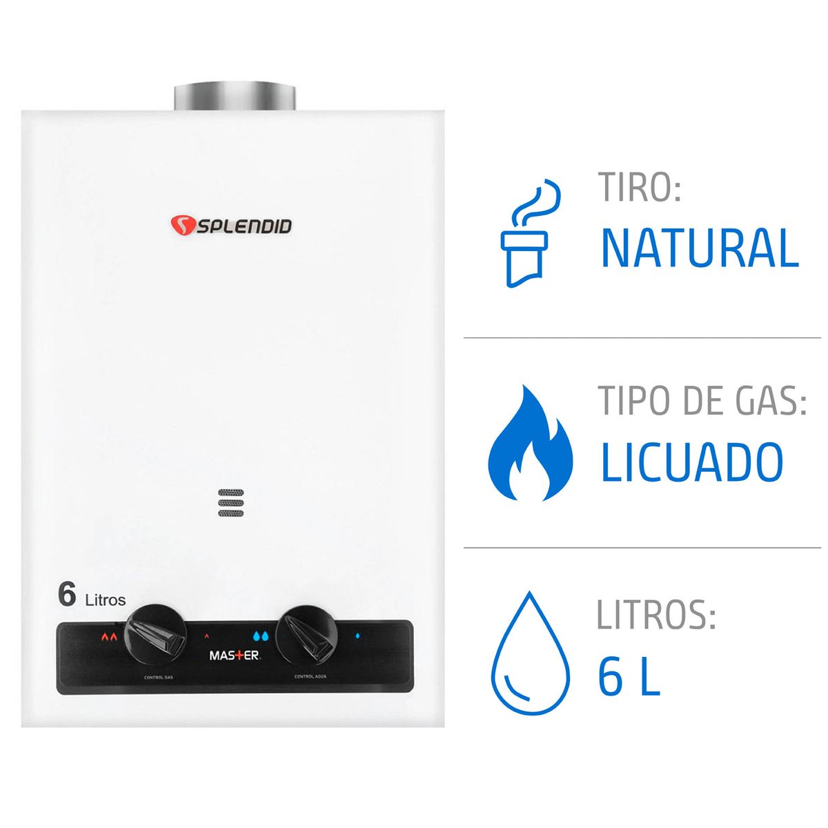 Calefont 6 litros Gas licuado Tiro natural Splendid, marca SPLENDID - Foto Principal