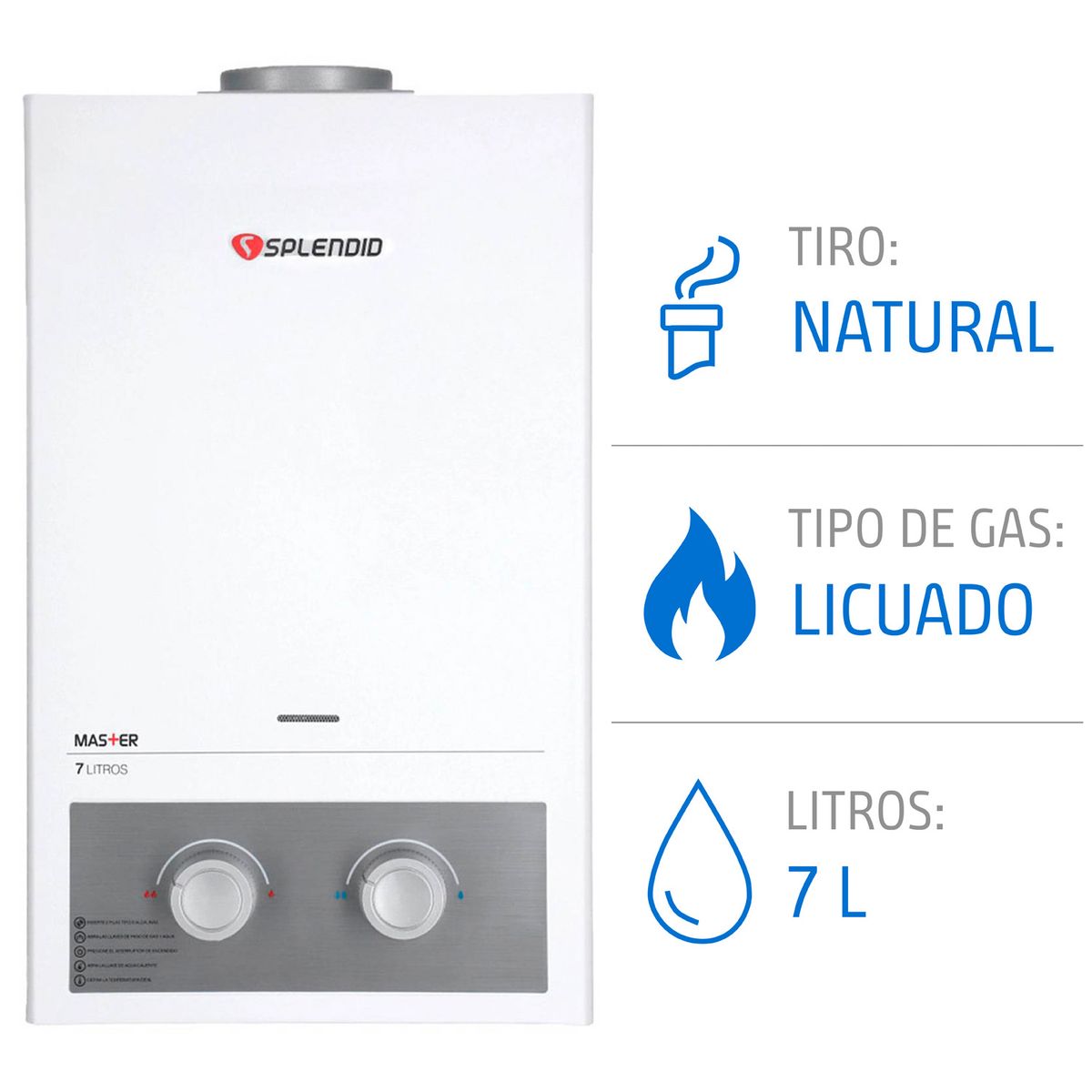 Calefont 7 litros Gas licuado Tiro natural Splendid, marca SPLENDID - Foto Principal