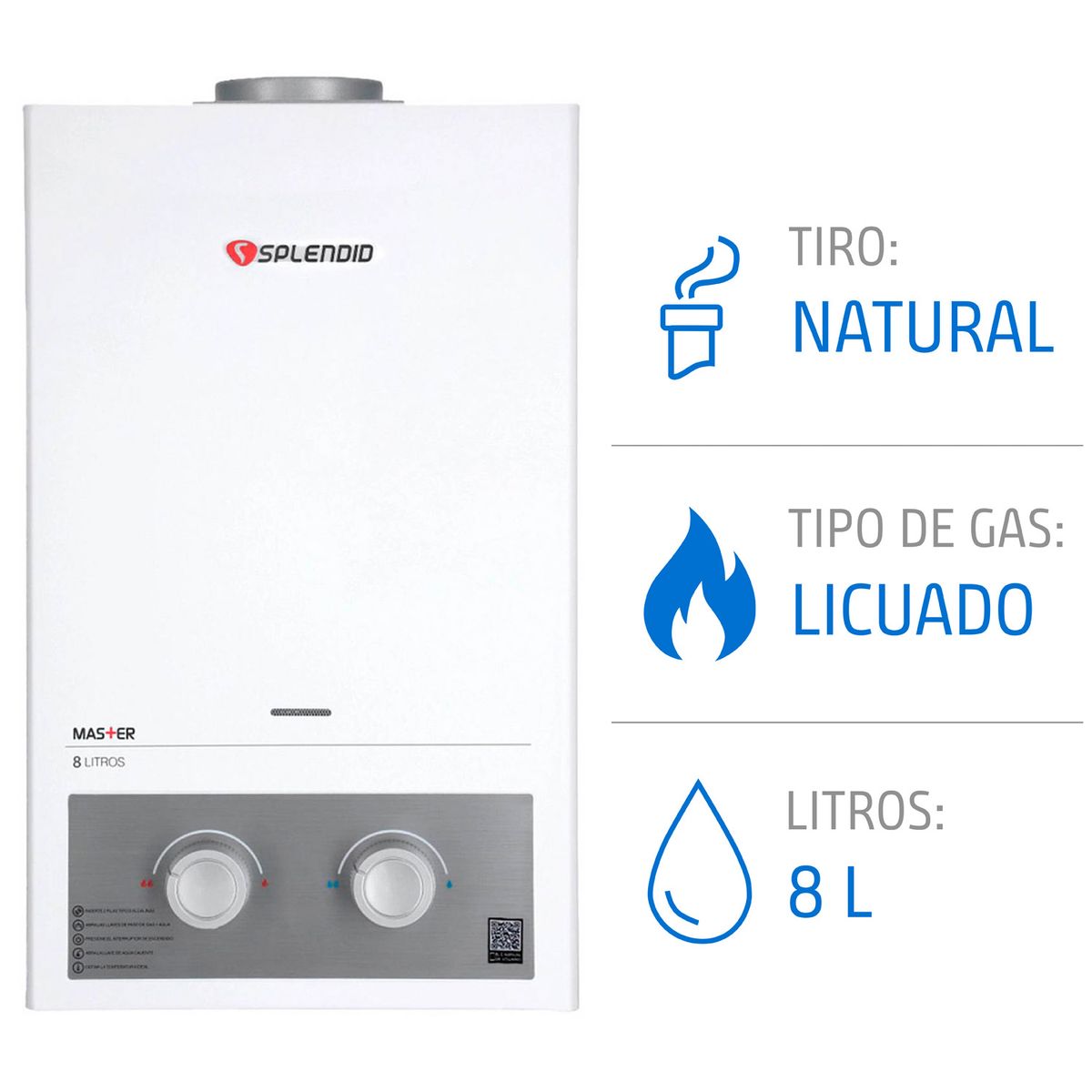 SPLENDID - Calefont 8 litros Gas licuado Tiro natural Splendid