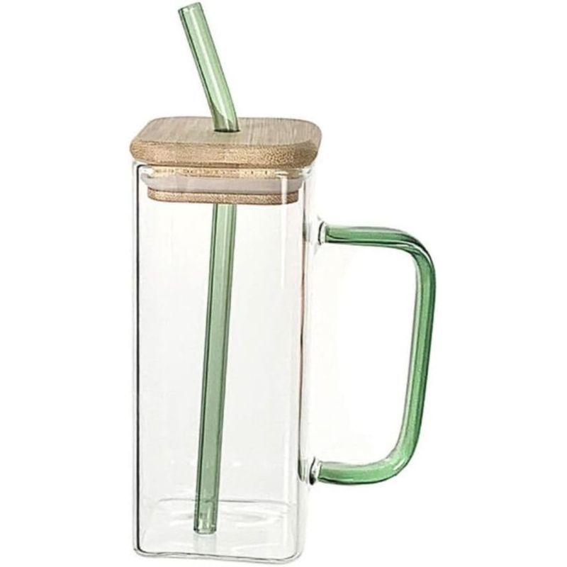 GENERICO - Taza De Vidrio Borosilicato Con Bombilla Tapa Bambú Verde
