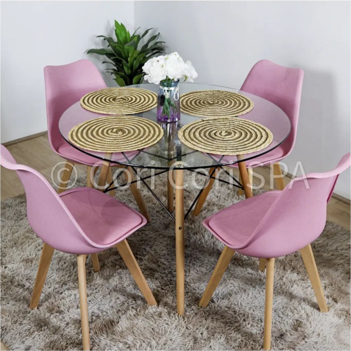 CORI CORI - Juego de Comedor Mesa Eames Vidrio 80cm + 4 Sillas Tulip Rosa…