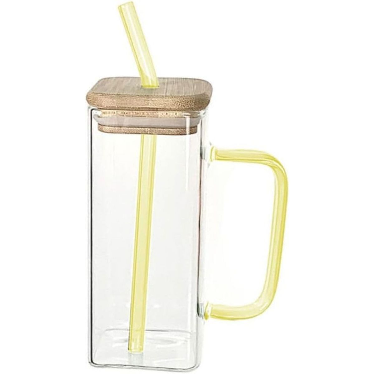 GENERICO - Taza De Vidrio Borosilicato Con Bombilla Tapa Bambú Amarilla