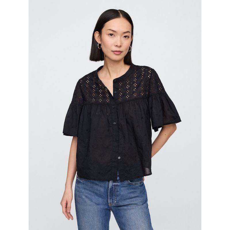 GAP - Blusa Mujer Eyelet Manga Corta Negro Gap