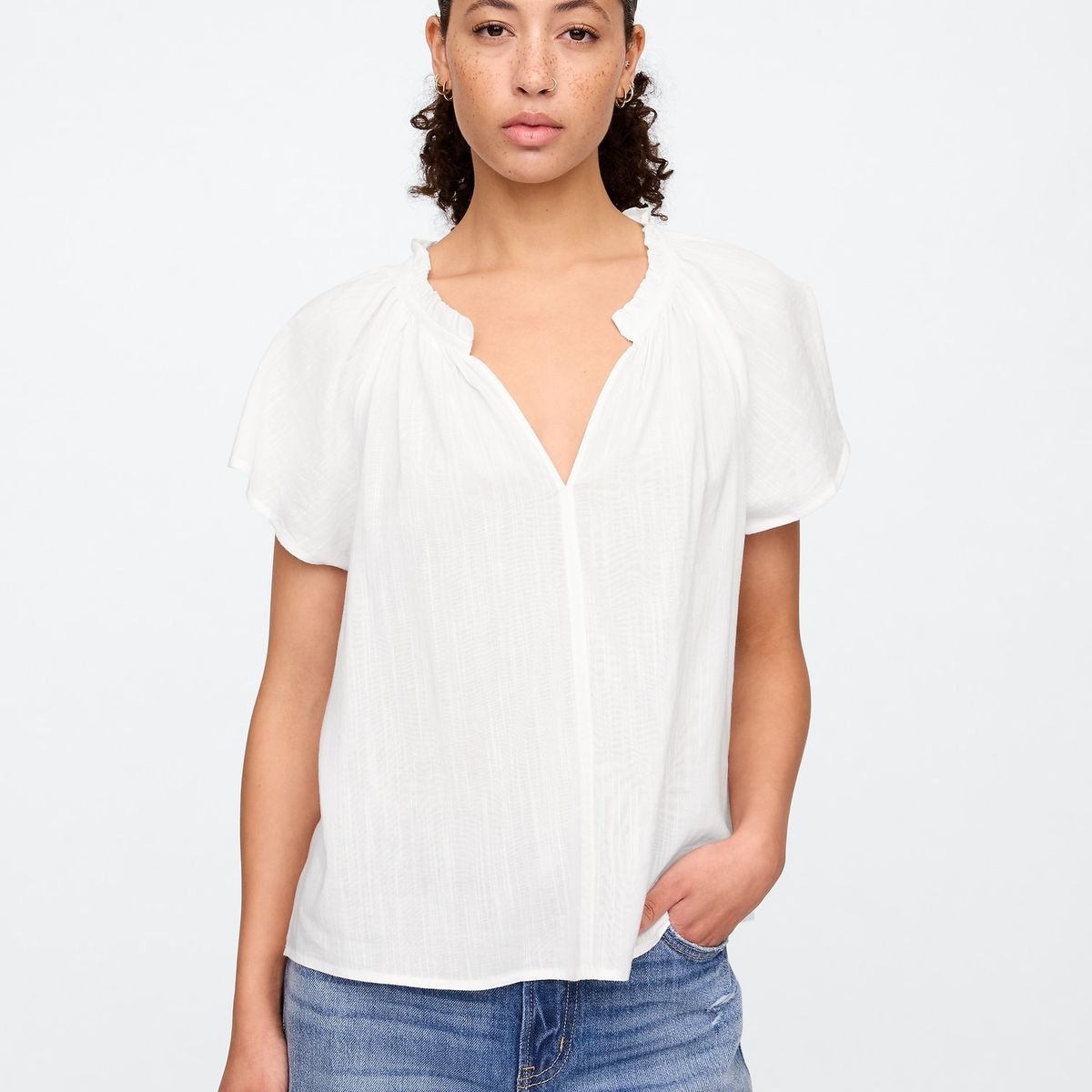 GAP - Blusa Mujer Zen Neck Manga Corta Blanco Gap