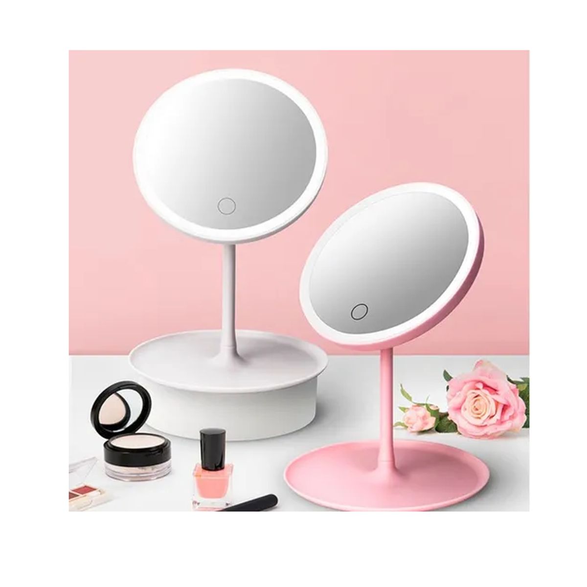 GENERICO - Espejo P/maquillaje Redondo 3 Tonos Luz Led Táctil Gira 360° Color del marco Rosado