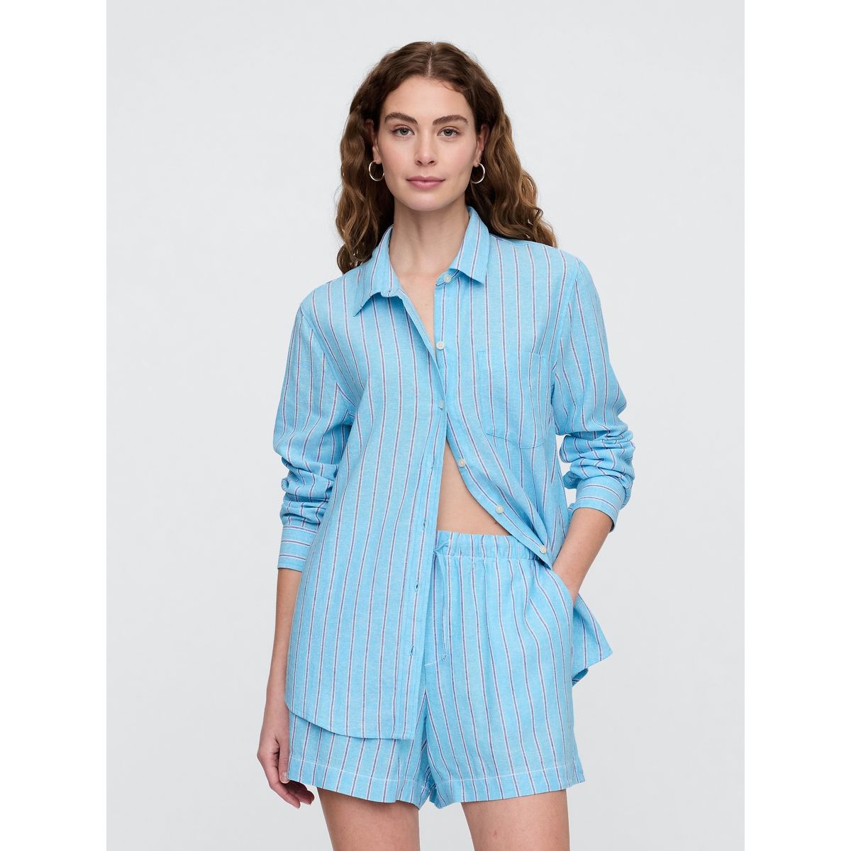 GAP - Blusa Mujer Lino Manga Larga V25 Celeste Gap