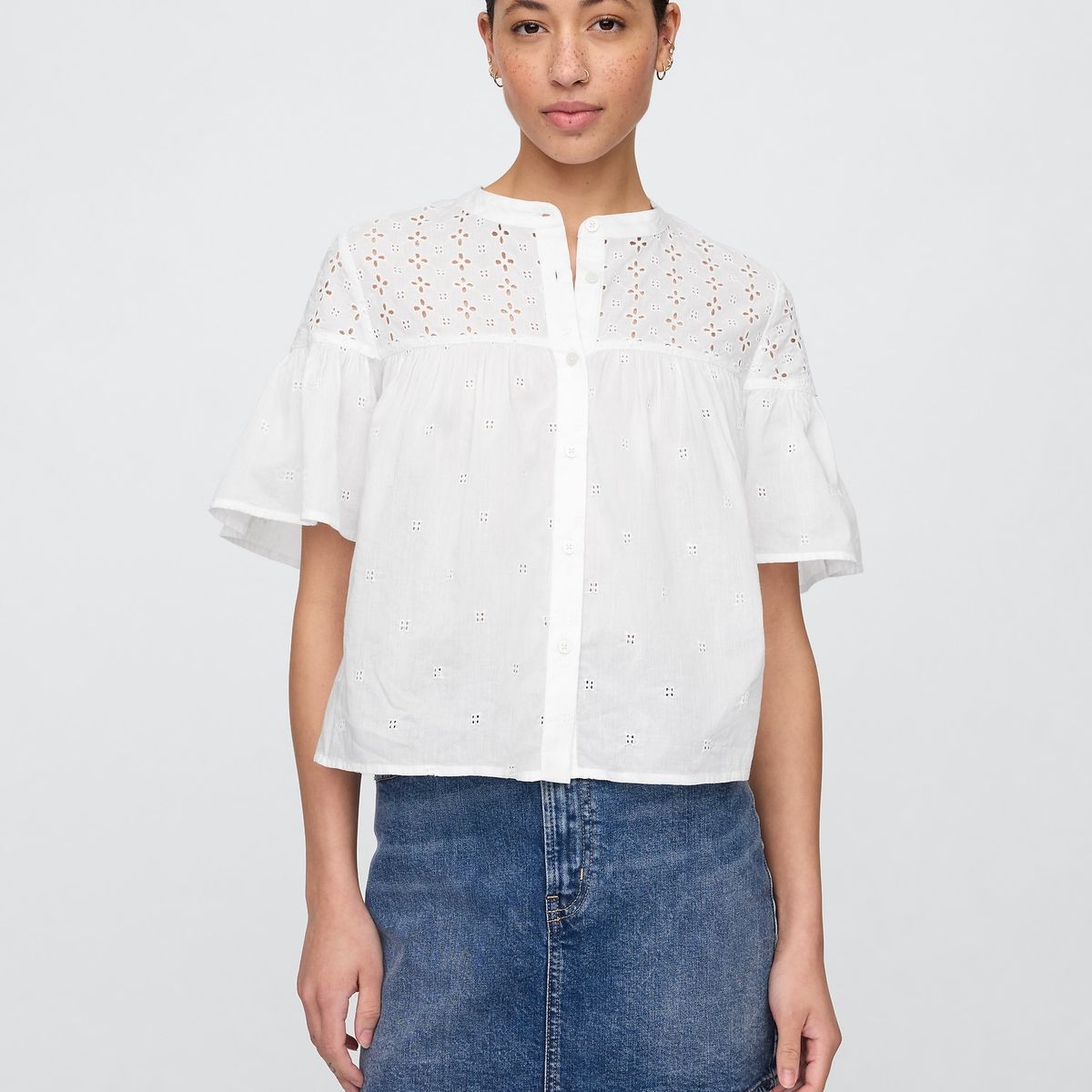 GAP - Blusa Mujer Eyelet Manga Corta Blanco Gap