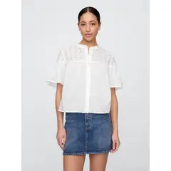 GAP - Blusa Mujer Eyelet Manga Corta Blanco