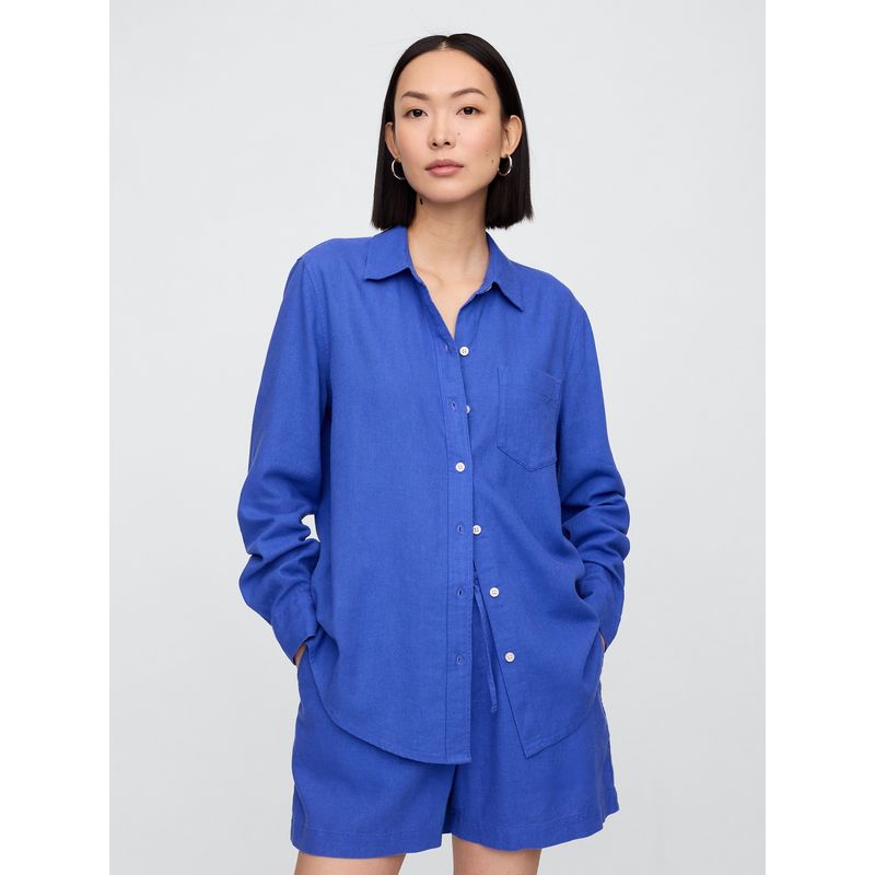 GAP - Blusa Mujer Lino Manga Larga Azul Gap