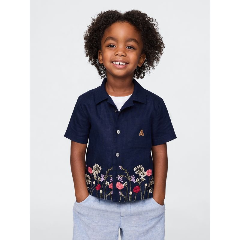 GAP - Camisa Toddler Niño Lino Flowers Manga Corta Azul Gap