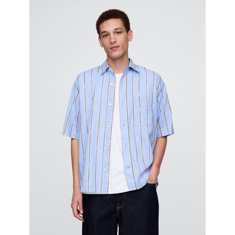 GAP - Camisa Hombre Lino Manga Corta Azul Gap