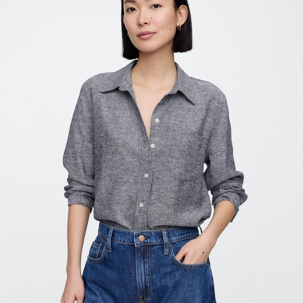 GAP - Blusa Mujer Gap Lino Manga Larga V25 Heather Azul