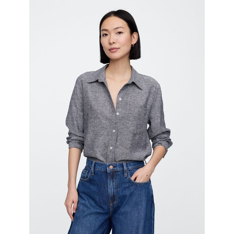 GAP - Blusa Mujer Lino Manga Larga V25 Heather Azul Gap