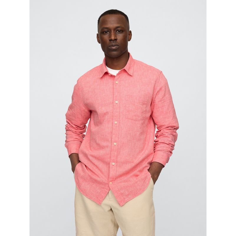 GAP - Camisa Hombre Lino Manga Larga Rosado Gap