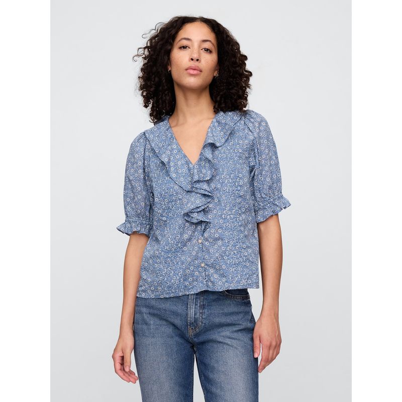 GAP - Blusa Mujer Ruffle Front Manga Corta Azul Gap