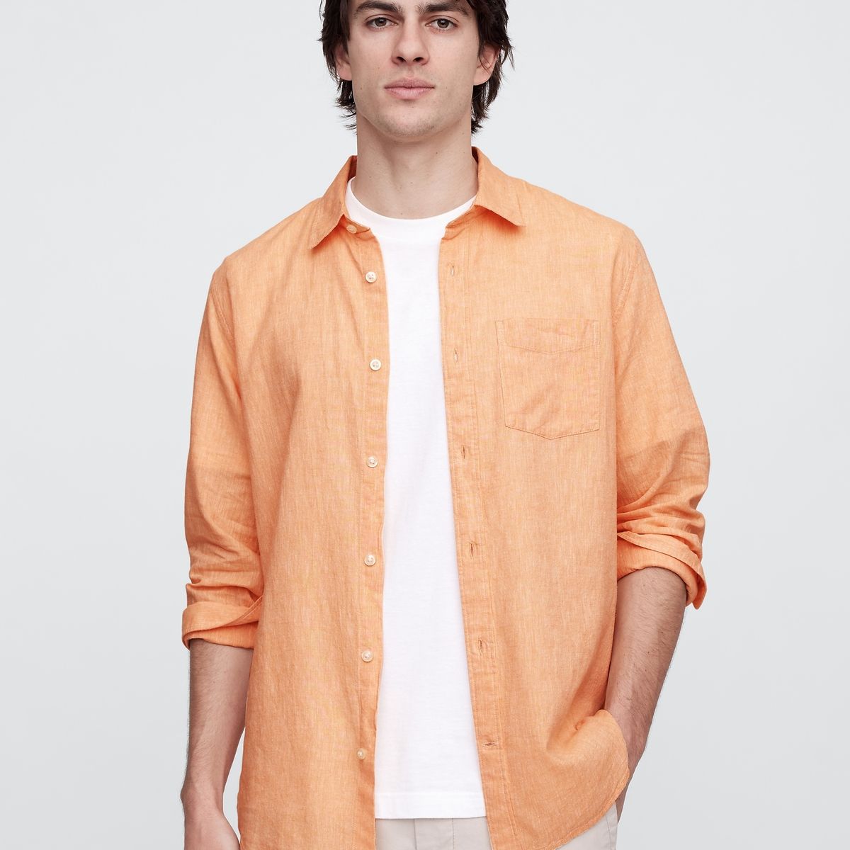 GAP - Camisa Hombre Lino Manga Larga Naranjo Gap