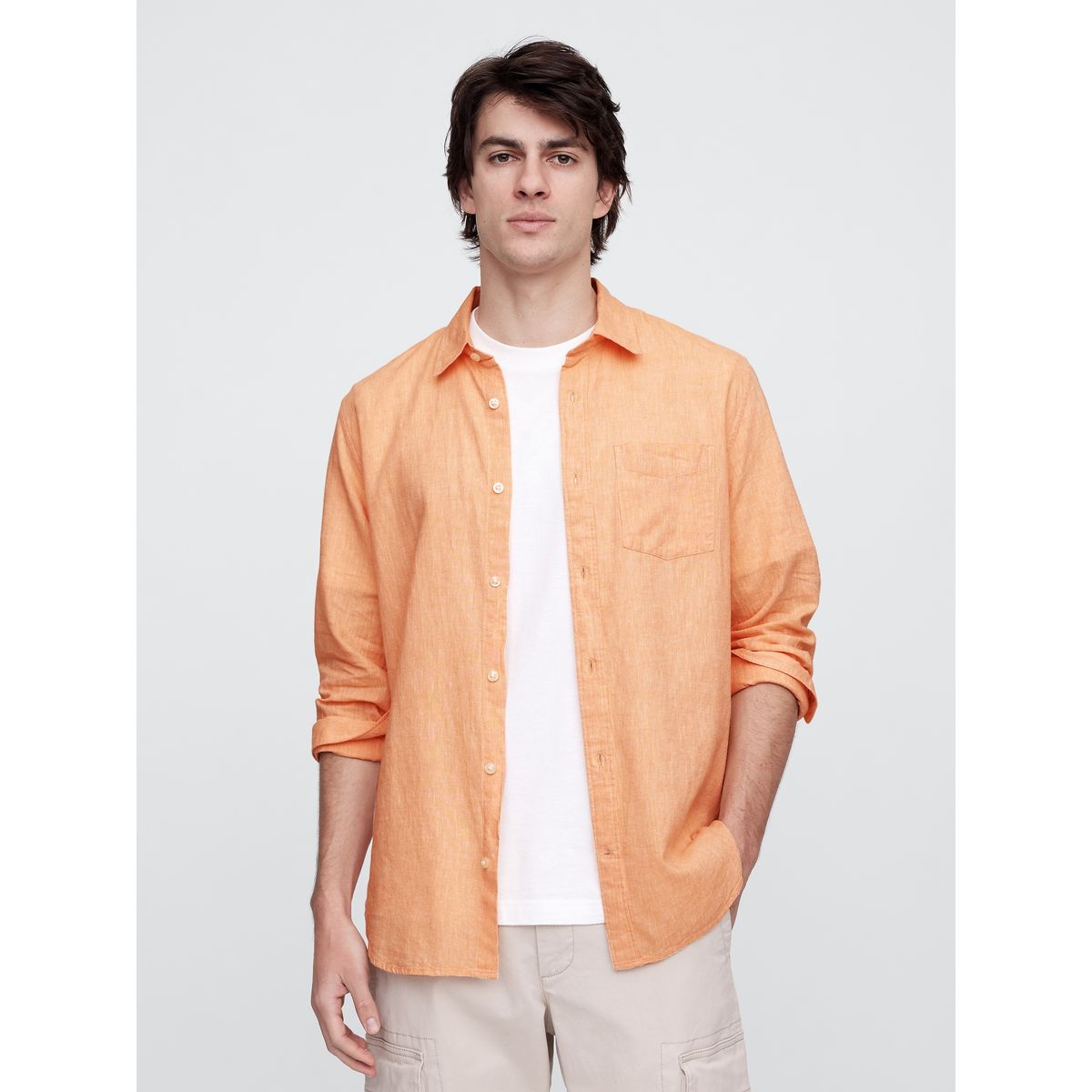 GAP - Camisa Hombre Lino Manga Larga Naranjo Gap