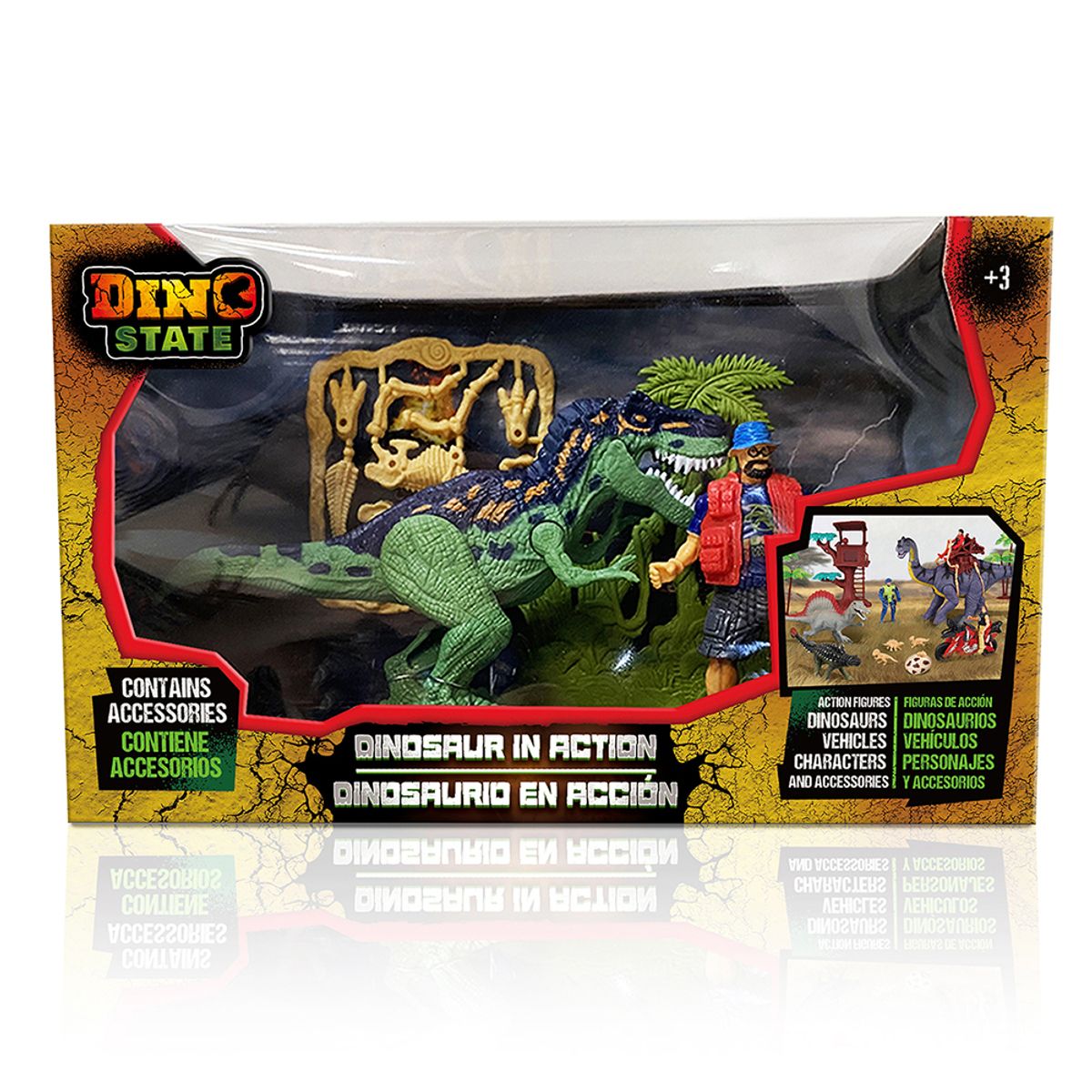 DINO STATE - Set Dinosaurio con Accesorios y Escenario Jurásico Juguete