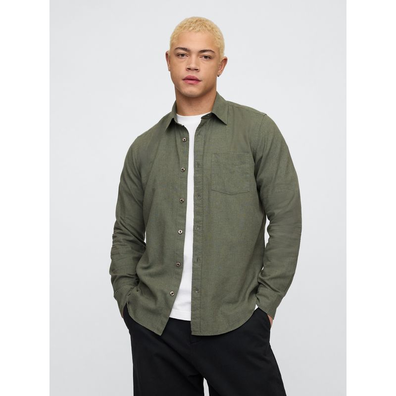 GAP - Camisa Hombre Lino Standard Fit Manga Larga Verde Gap