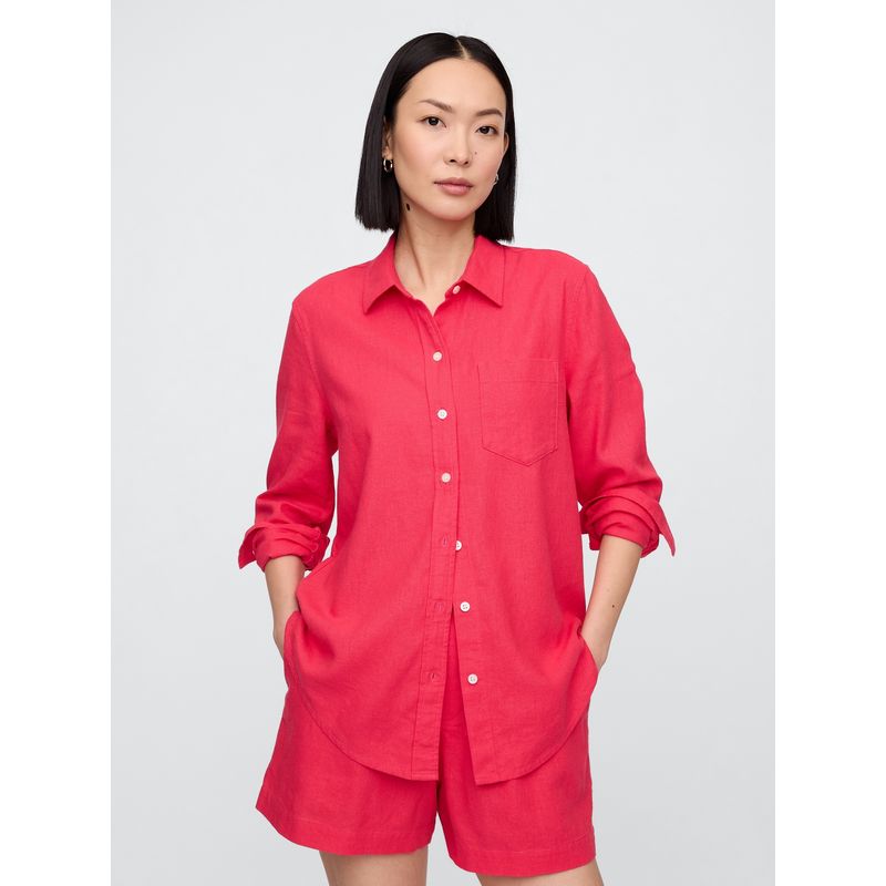 GAP - Blusa Mujer Lino Manga Larga Rosado Gap