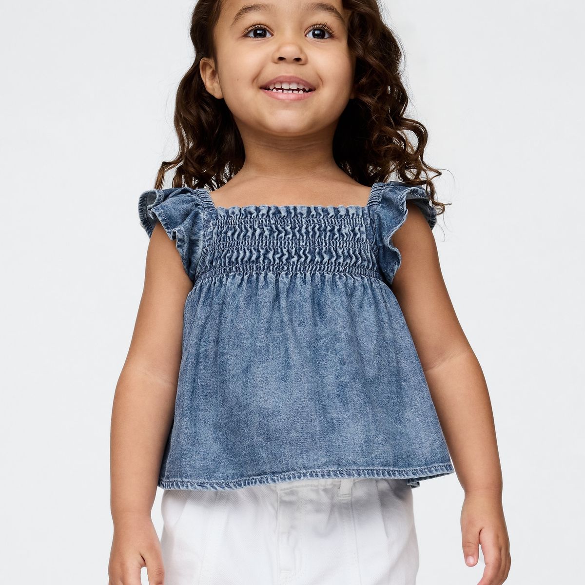GAP - Blusa Toddler Niña Gap Denim Ruffle Manga Corta Azul