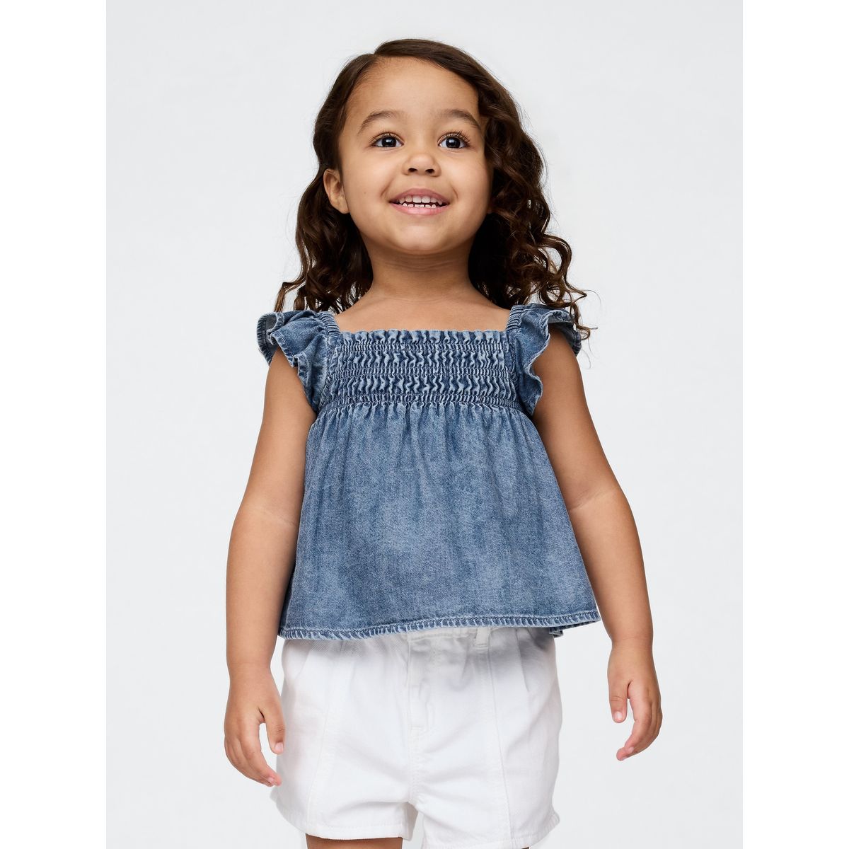 GAP - Blusa Toddler Niña Gap Denim Ruffle Manga Corta Azul