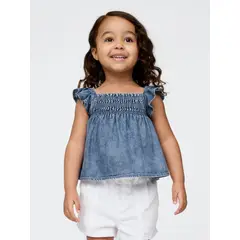 GAP - Blusa Toddler Niña Denim Ruffle Manga Corta Azul