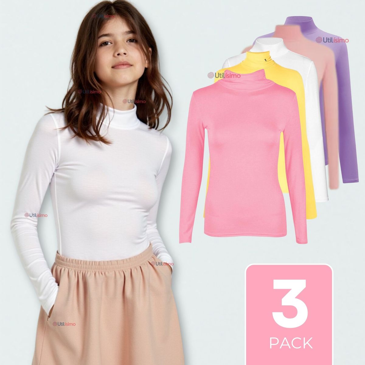 UTILISIMO - Pack 3 Camiseta Niña Primera Capa Bambú Invierno Cuello Beatle Polera