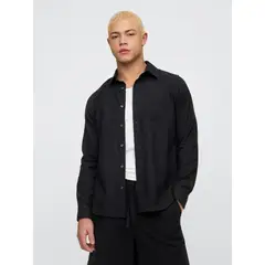 GAP - Camisa Hombre Lino Manga Larga Negro