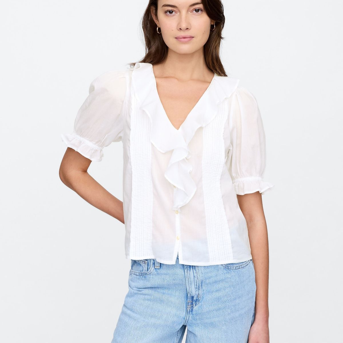 GAP - Blusa Mujer Ruffle Front Manga Corta Blanco Gap