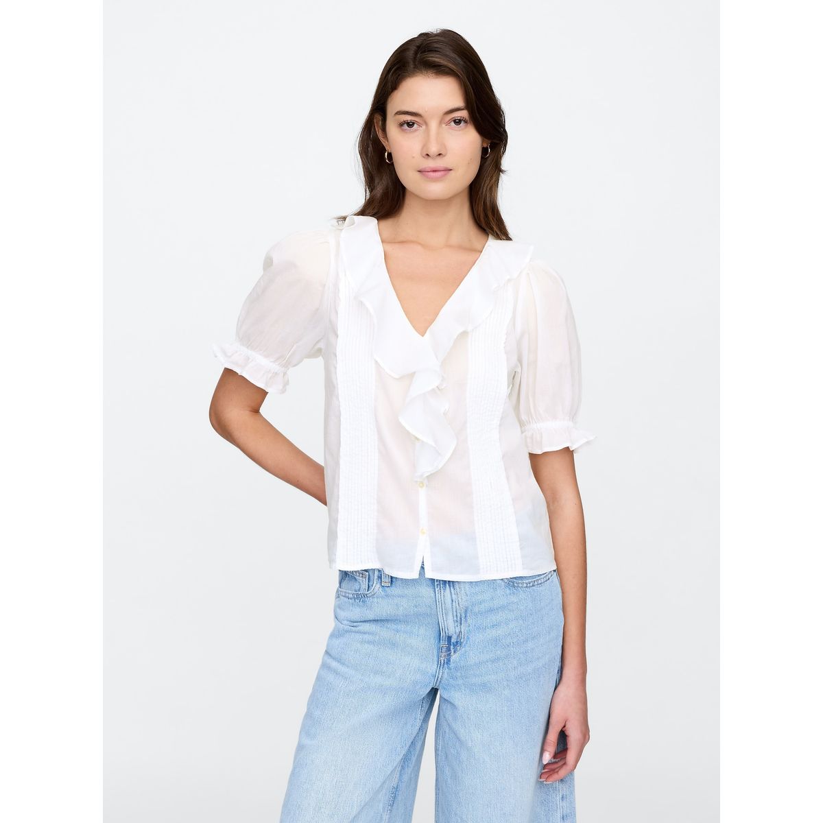 GAP - Blusa Mujer Ruffle Front Manga Corta Blanco Gap