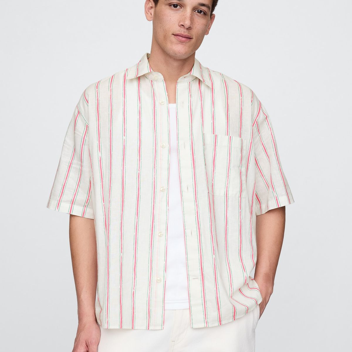 GAP - Camisa Hombre Gap Lino Striped V25 Manga Corta Blanco