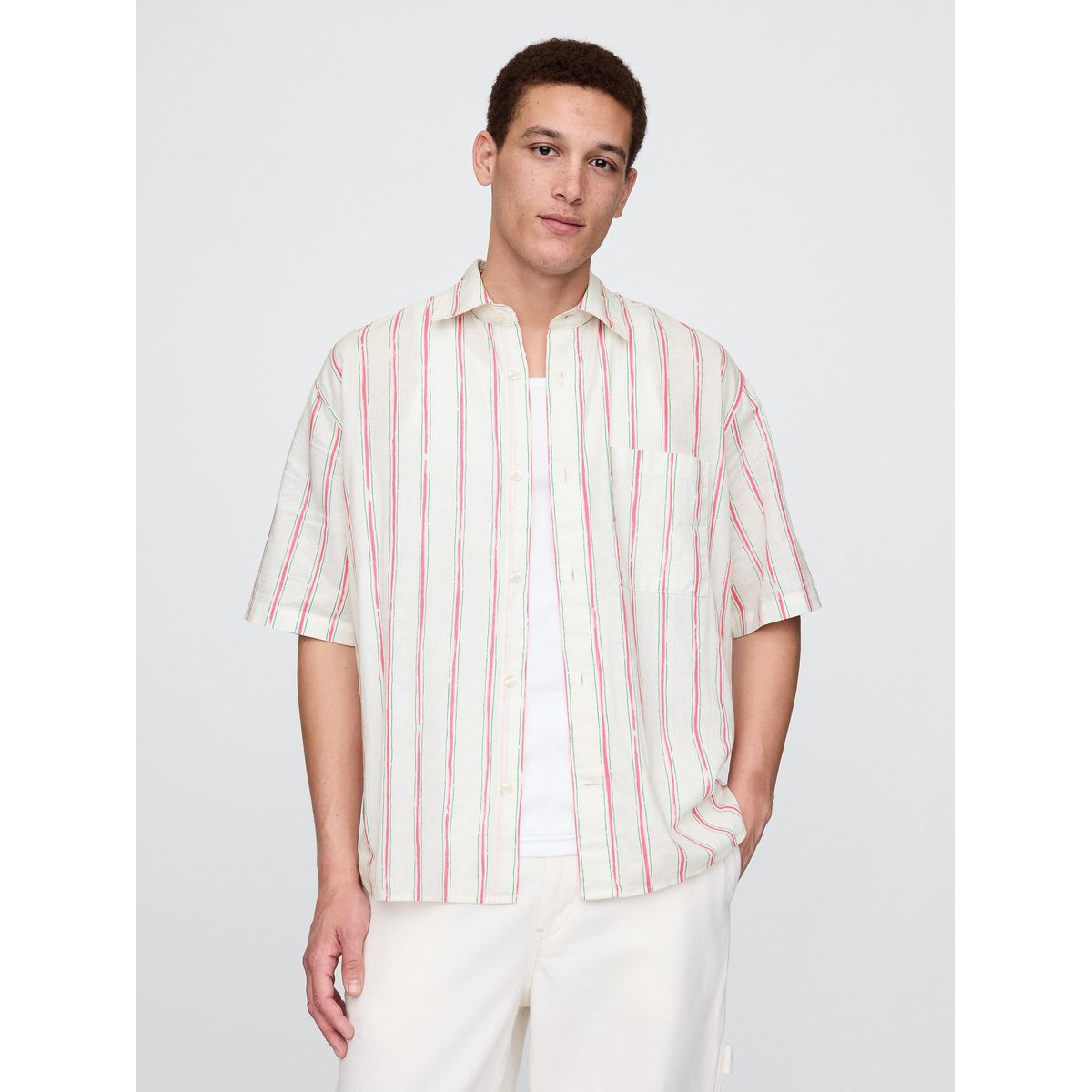 GAP - Camisa Hombre Gap Lino Striped V25 Manga Corta Blanco