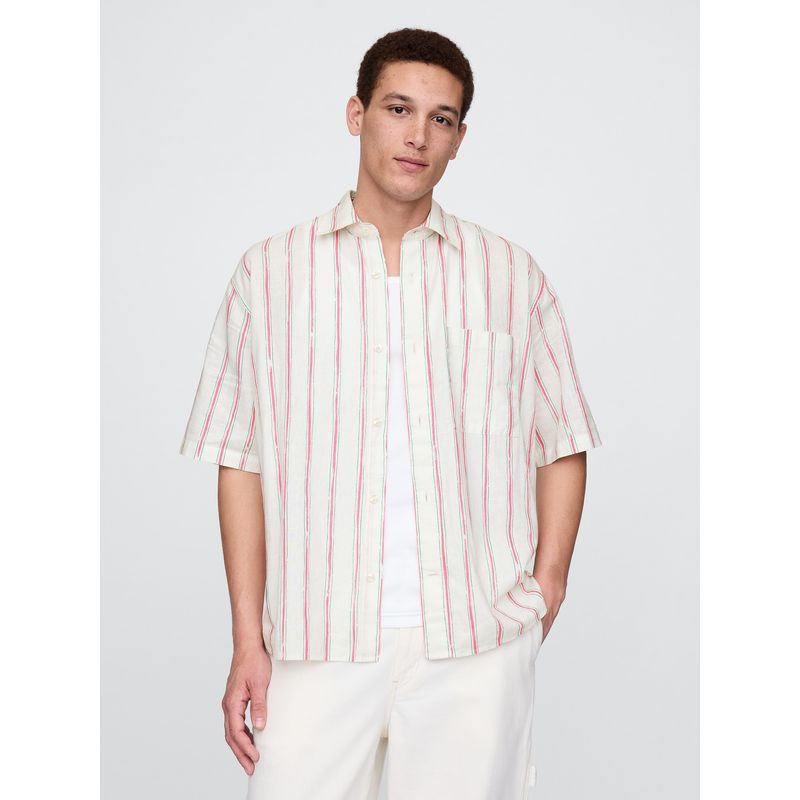 GAP - Camisa Hombre Lino Striped V25 Manga Corta Blanco Gap