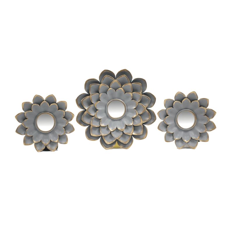GENERICO - Set de 3 Espejos Flor Gris Borde Dorado para Pared
