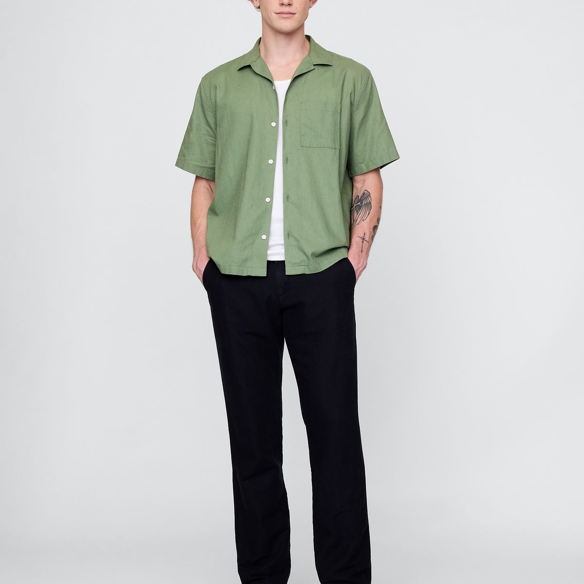 GAP - Camisa Hombre Lino Manga Corta Verde Gap