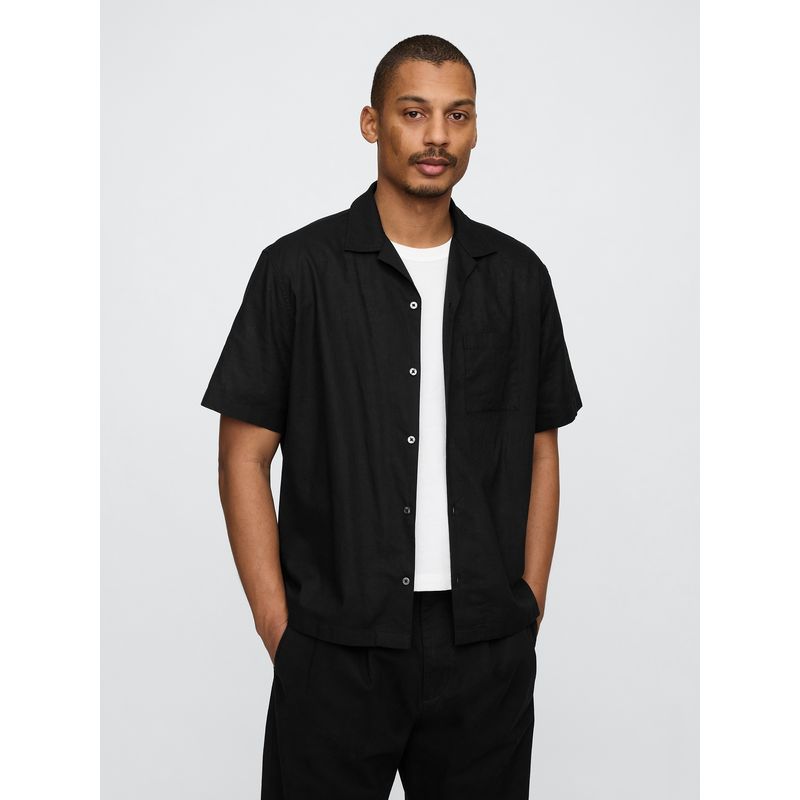 GAP - Camisa Hombre Lino Manga Corta Negro Gap