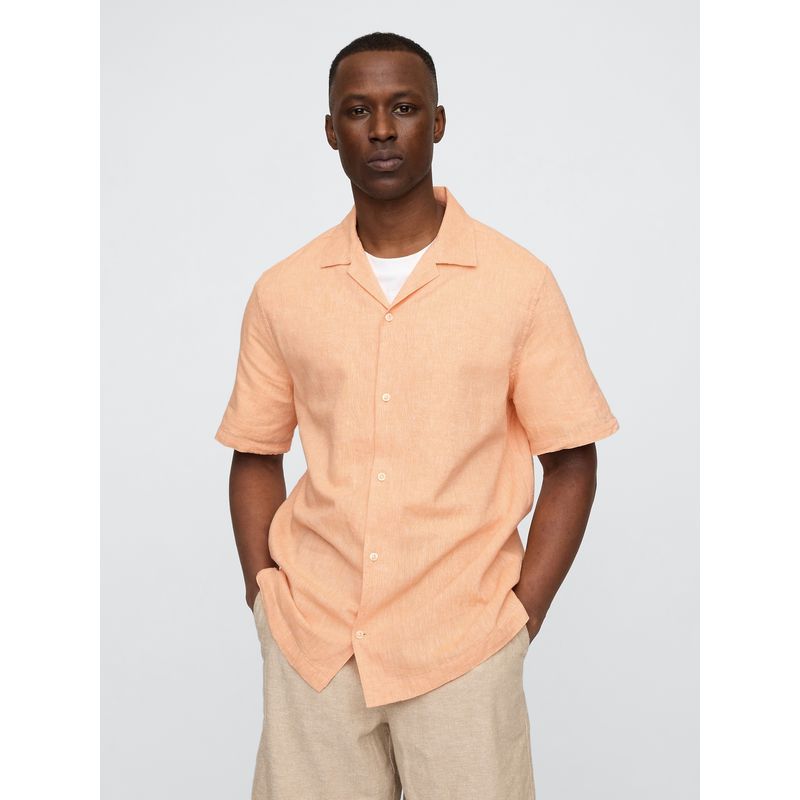 GAP - Camisa Hombre Lino Resort Standard Fit Manga Corta Naranjo Gap