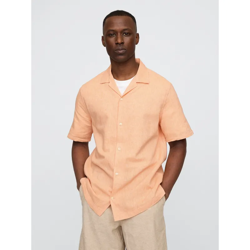 GAP - Camisa Hombre Lino Resort Standard Fit Manga Corta Naranjo Gap