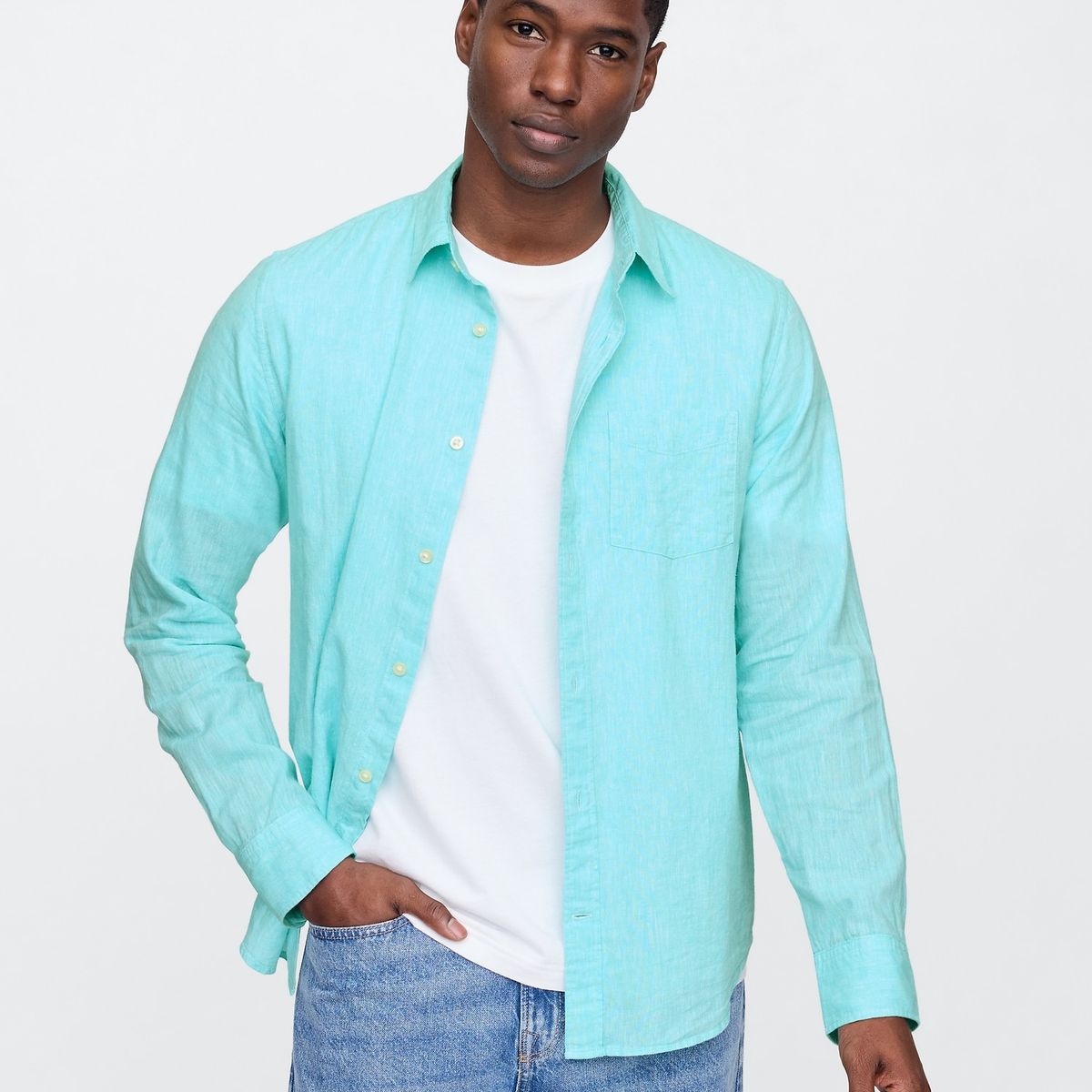 GAP - Camisa Hombre Lino Standard Fit Manga Larga Celeste Gap