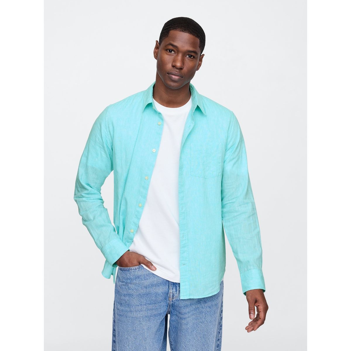 GAP - Camisa Hombre Lino Standard Fit Manga Larga Celeste Gap