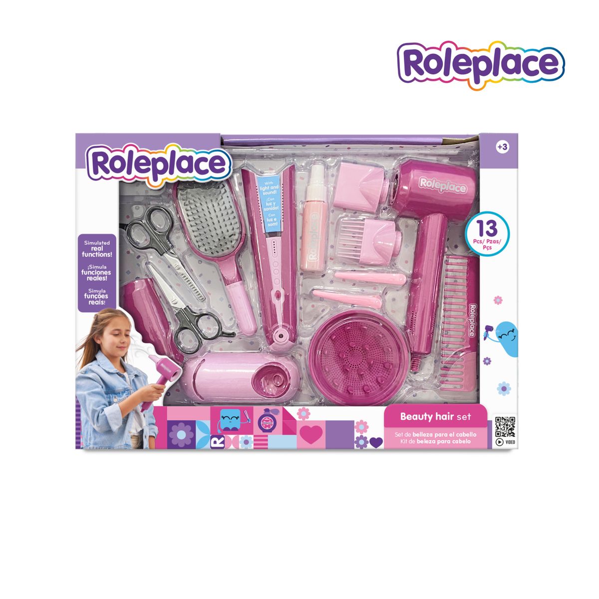 ROLEPLACE - Set de Belleza Juguete con Luz, Sonido y 13 Accesorios