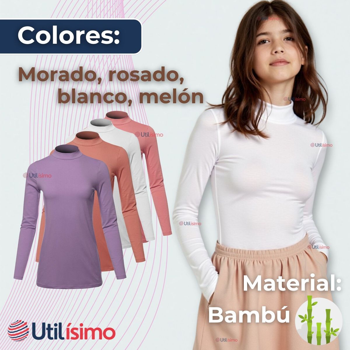 UTILISIMO - Pack 3 Camiseta Niña Juvenil Primera Capa Bambú Invierno Cuello Beatle Polera