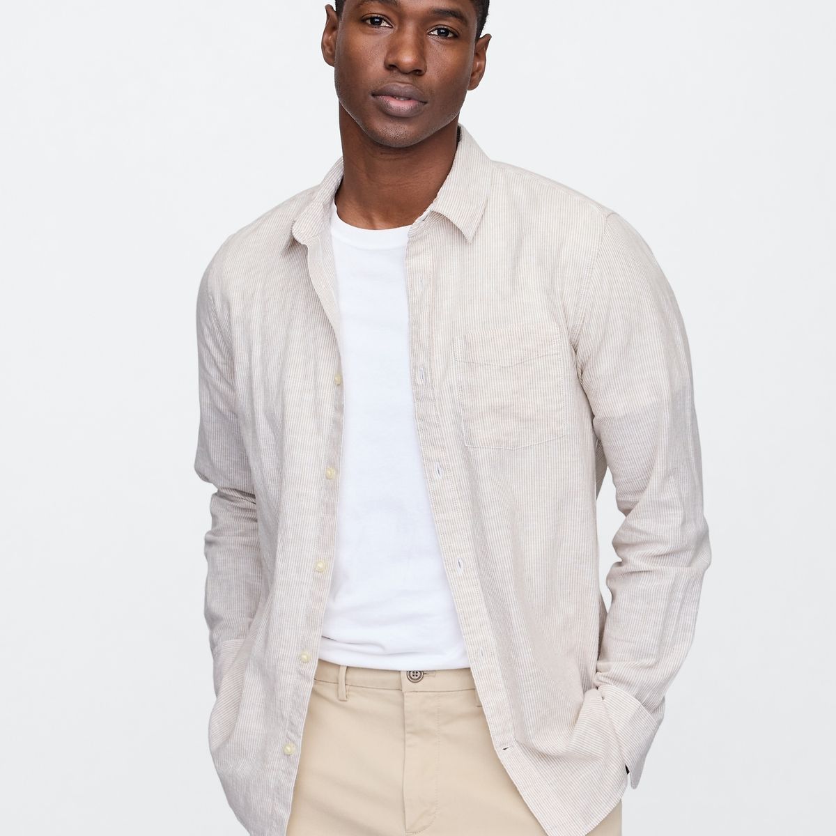 GAP - Camisa Hombre Lino Manga Larga Beige Gap
