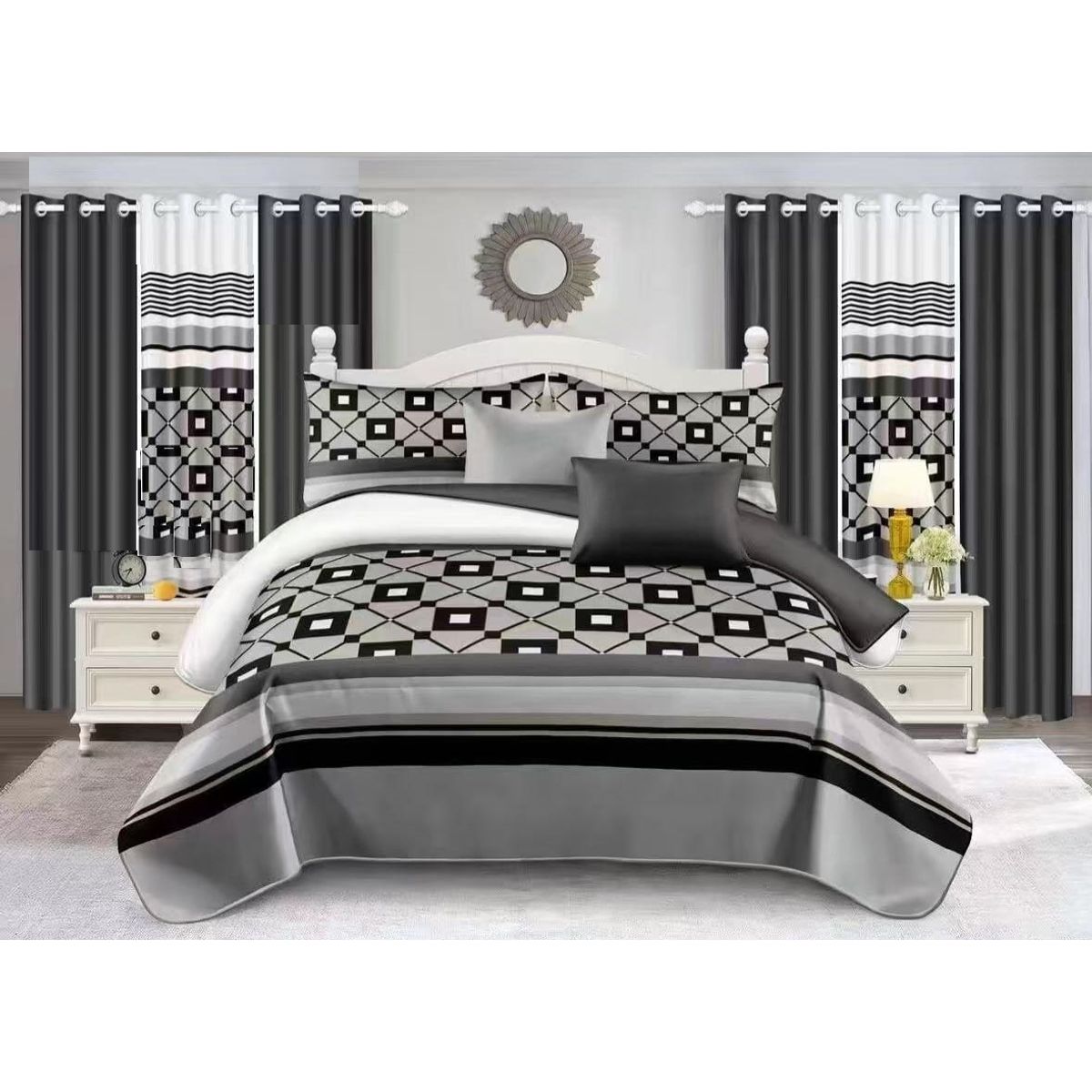 GENERICO - SABANA 2 PLAZA TF GRIS CUADRO MODERNO ELEGANTE SET DE 4 PIEZA