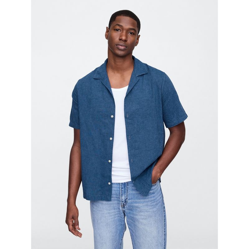 GAP - Camisa Hombre Lino Resort V25 Manga Corta Azul Gap